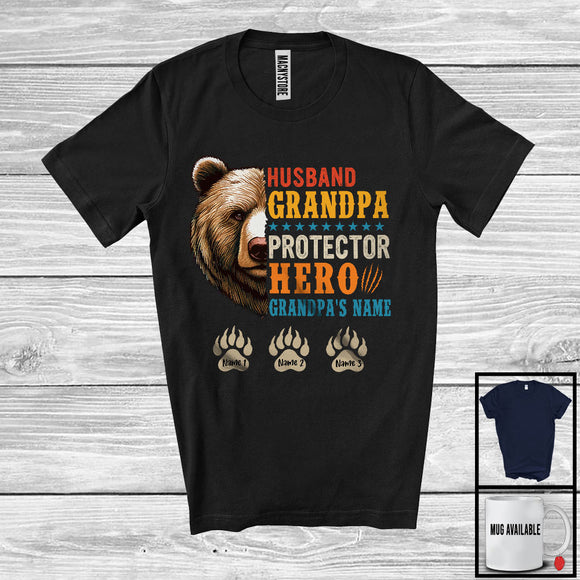 MacnyStore - Personalized Custom Name Vintage Husband Grandpa Protector Hero, Father's Day Bear, Family T-Shirt