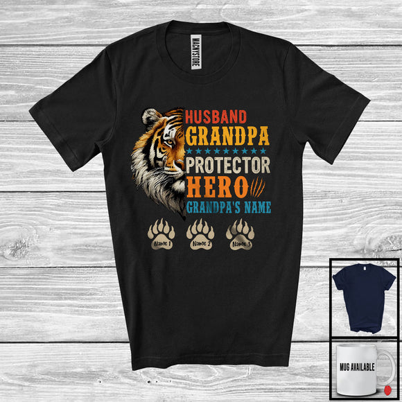 MacnyStore - Personalized Custom Name Vintage Husband Grandpa Protector Hero, Father's Day Tiger, Family T-Shirt