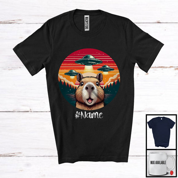MacnyStore - Personalized Custom Name Vintage Retro Capybara UFOs; Humorous Wild Animal Aliens Lover T-Shirt