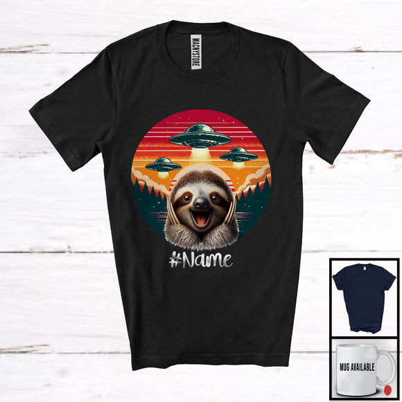 MacnyStore - Personalized Custom Name Vintage Retro Sloth UFOs; Humorous Wild Animal Aliens Lover T-Shirt