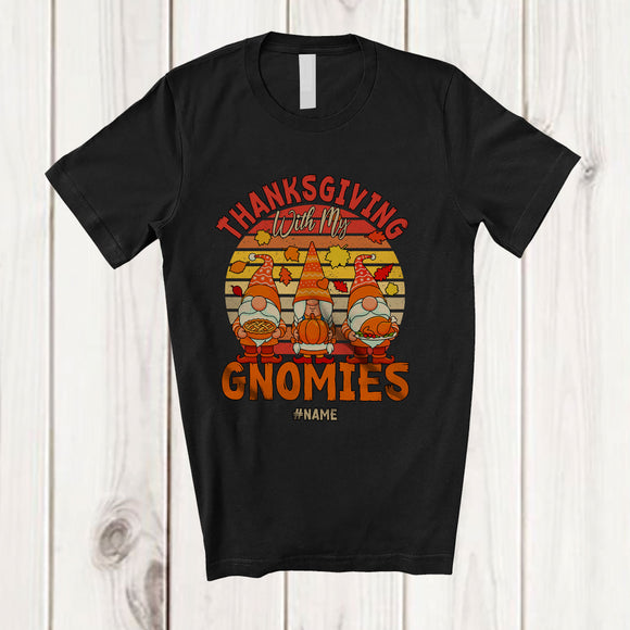 MacnyStore - Personalized Custom Name Vintage Retro Thanksgiving With My Gnomies; Joyful Fall Three Gnomes T-Shirt