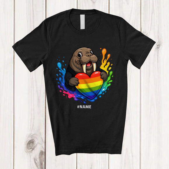 MacnyStore - Personalized Custom Name Walrus Rainbow Heart Progressive; Lovely LGBTQ Pride Walrus T-Shirt