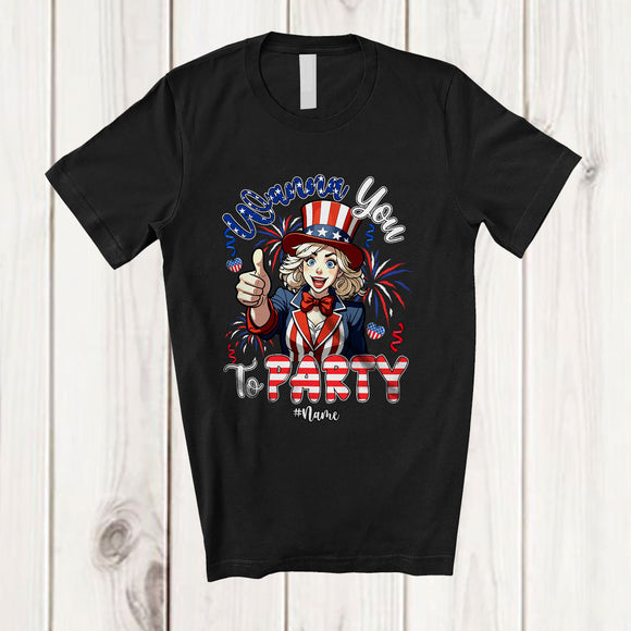 MacnyStore - Personalized Custom Name Wanna You To Party; Joyful 4th of July Women Uncle Sam; Patriotic T-Shirt