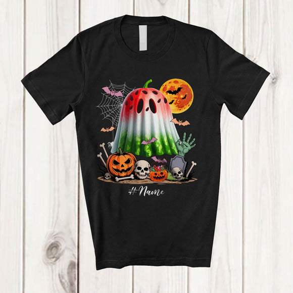 MacnyStore - Personalized Custom Name Watermelon Wearing Ghost Boo Costume; Creepy Halloween Fruit Vegan T-Shirt