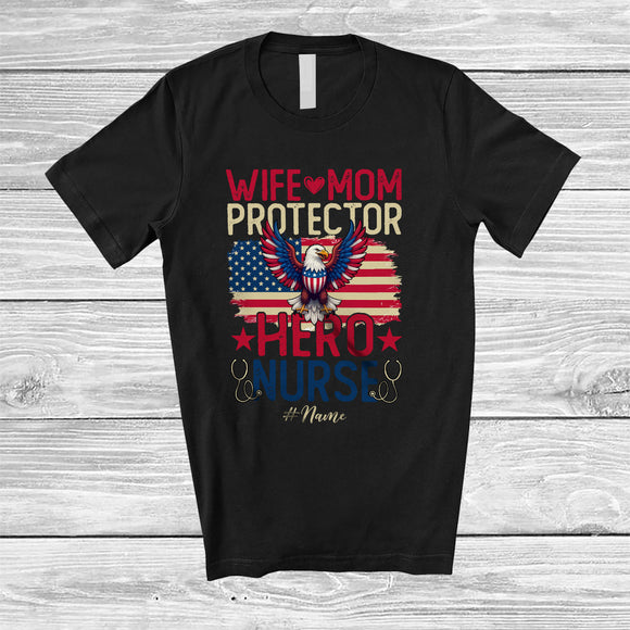 MacnyStore - Personalized Custom Name Wife Mom Protector Hero Nurse; Proud Mother's Day US Flag T-Shirt