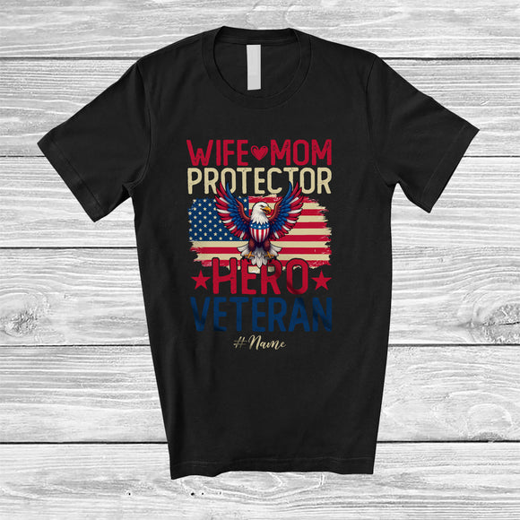 MacnyStore - Personalized Custom Name Wife Mom Protector Hero Veteran; Proud Mother's Day US Flag T-Shirt