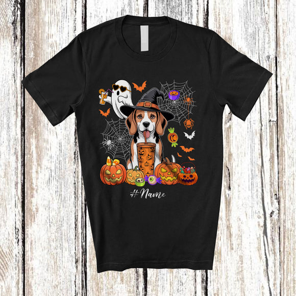 MacnyStore - Personalized Custom Name Witch Beagle Drink Coffee; Horror Halloween Boo Ghost Pumpkin T-Shirt