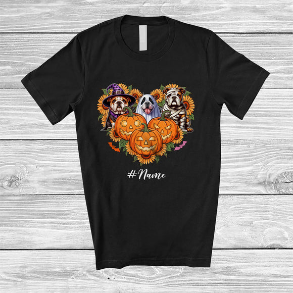 MacnyStore - Personalized Custom Name Witch Boo Mummy Bulldog Heart; Lovely Halloween Sunflower Pumpkin T-Shirt