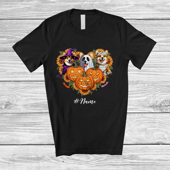 MacnyStore - Personalized Custom Name Witch Boo Mummy Corgi Heart; Lovely Halloween Sunflower Pumpkin T-Shirt