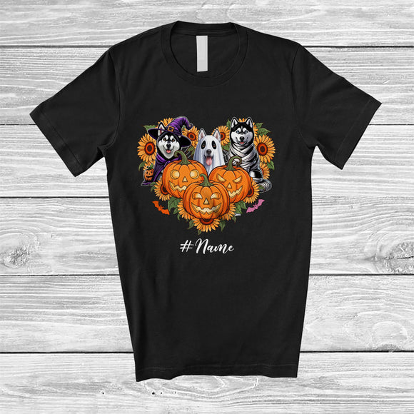 MacnyStore - Personalized Custom Name Witch Boo Mummy Husky Heart; Lovely Halloween Sunflower Pumpkin T-Shirt