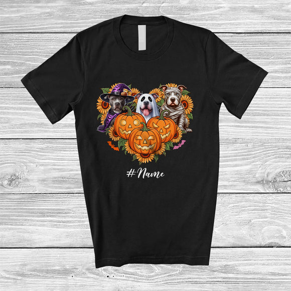 MacnyStore - Personalized Custom Name Witch Boo Mummy Pit Bull Heart; Lovely Halloween Sunflower Pumpkin T-Shirt