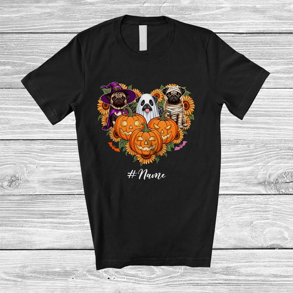 MacnyStore - Personalized Custom Name Witch Boo Mummy Pug Heart; Lovely Halloween Sunflower Pumpkin T-Shirt