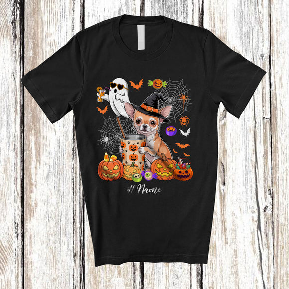 MacnyStore - Personalized Custom Name Witch Chihuahua Drink Coffee; Horror Halloween Boo Ghost Pumpkin T-Shirt