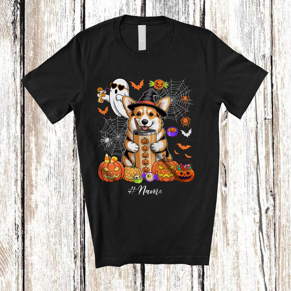 MacnyStore - Personalized Custom Name Witch Corgi Drink Coffee; Horror Halloween Boo Ghost Pumpkin T-Shirt
