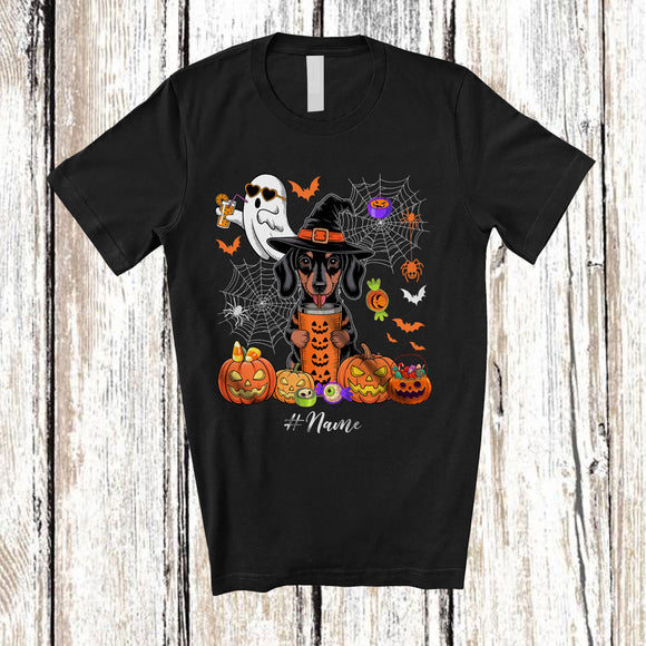 MacnyStore - Personalized Custom Name Witch Dachshund Drink Coffee; Horror Halloween Boo Ghost Pumpkin T-Shirt
