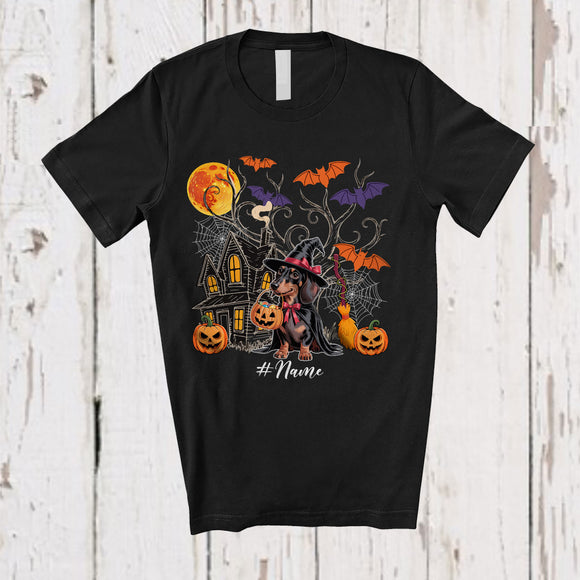 MacnyStore - Personalized Custom Name Witch Dachshund Owner Lover; Awesome Halloween Moon Pumpkin Candy T-Shirt