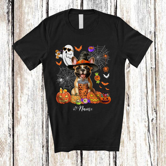 MacnyStore - Personalized Custom Name Witch French Bulldog Drink Coffee; Horror Halloween Boo Ghost Pumpkin T-Shirt