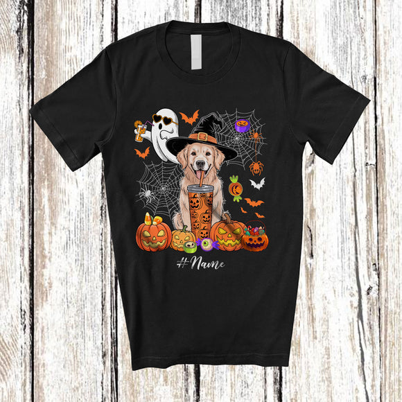 MacnyStore - Personalized Custom Name Witch Golden Retriever Drink Coffee; Horror Halloween Boo Ghost Pumpkin T-Shirt