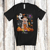 MacnyStore - Personalized Custom Name Witch Golden Retriever Drink Coffee; Horror Halloween Boo Ghost Pumpkin T-Shirt