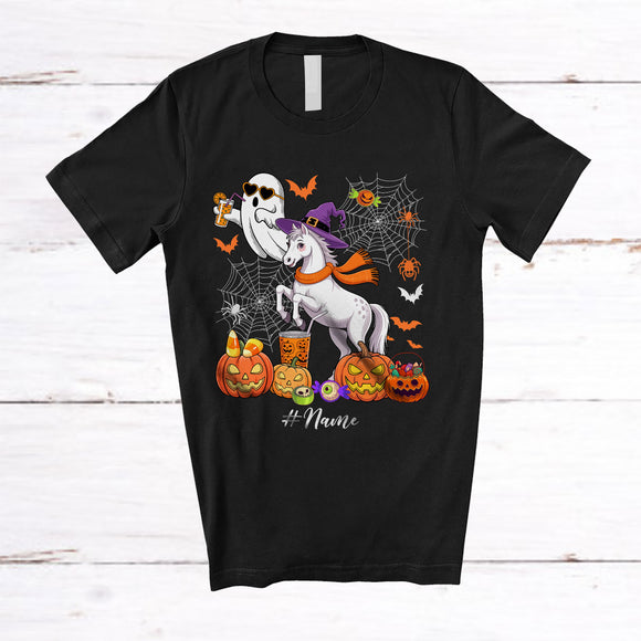 MacnyStore - Personalized Custom Name Witch Horse Boo Drinking Coffee; Joyful Halloween Horse Farm Farmer T-Shirt