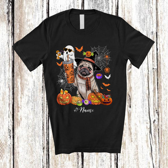 MacnyStore - Personalized Custom Name Witch Pug Drink Coffee; Horror Halloween Boo Ghost Pumpkin T-Shirt