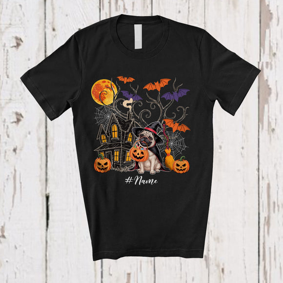MacnyStore - Personalized Custom Name Witch Pug Owner Lover; Awesome Halloween Moon Pumpkin Candy T-Shirt