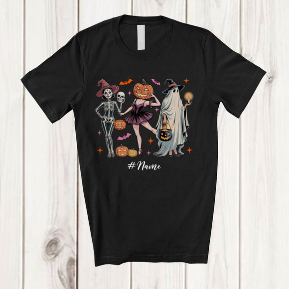 MacnyStore - Personalized Custom Name Witch Skeleton Boo Ghost Girls Squad; Scary Halloween Women Family T-Shirt