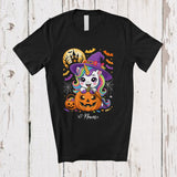 MacnyStore - Personalized Custom Name Witch Unicorn Holding Carved Pumpkin; Lovely Halloween Moon Family T-Shirt
