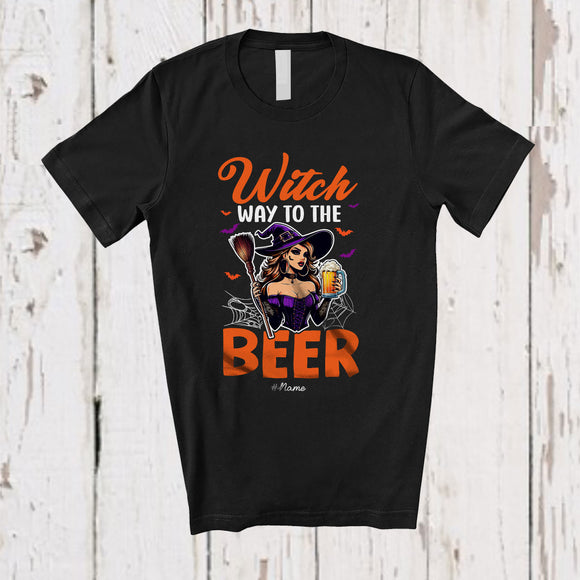 MacnyStore - Personalized Custom Name Witch Way To The Beer; Scary Halloween Witch Drinking Drunker; Family T-Shirt