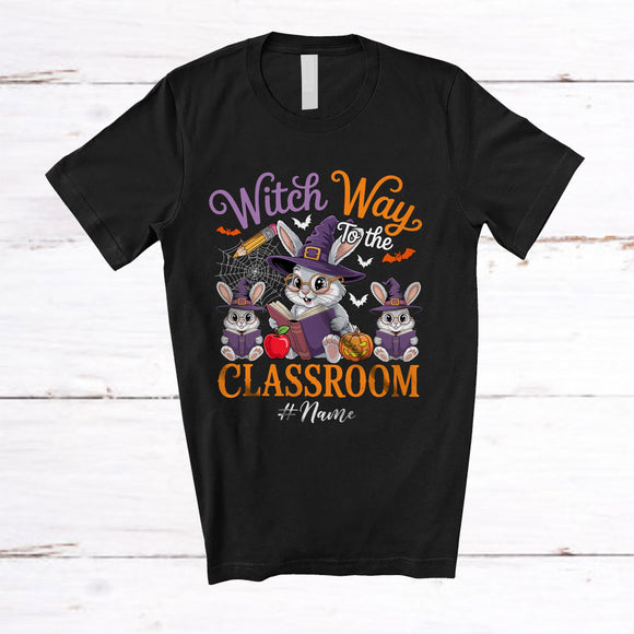 MacnyStore - Personalized Custom Name Witch Way To The Classroom; Horror Halloween Three Bunny Teacher T-Shirt