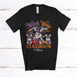 MacnyStore - Personalized Custom Name Witch Way To The Classroom; Horror Halloween Three Bunny Teacher T-Shirt