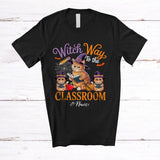 MacnyStore - Personalized Custom Name Witch Way To The Classroom; Horror Halloween Three Cat Teacher T-Shirt