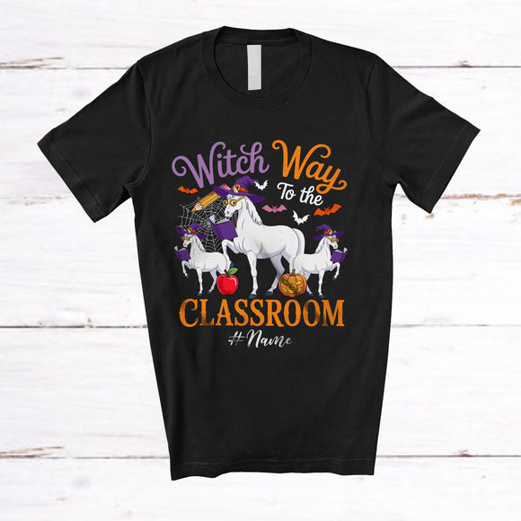 MacnyStore - Personalized Custom Name Witch Way To The Classroom; Horror Halloween Three Horse Teacher T-Shirt