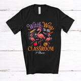 MacnyStore - Personalized Custom Name Witch Way To The Classroom; Horror Halloween Three Teacher Flamingo T-Shirt