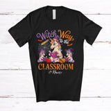 MacnyStore - Personalized Custom Name Witch Way To The Classroom; Horror Halloween Three Unicorn Teacher T-Shirt