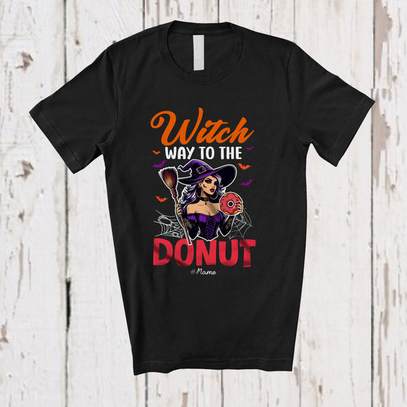 MacnyStore - Personalized Custom Name Witch Way To The Donut; Scary Halloween Witch Eating Food; Family T-Shirt