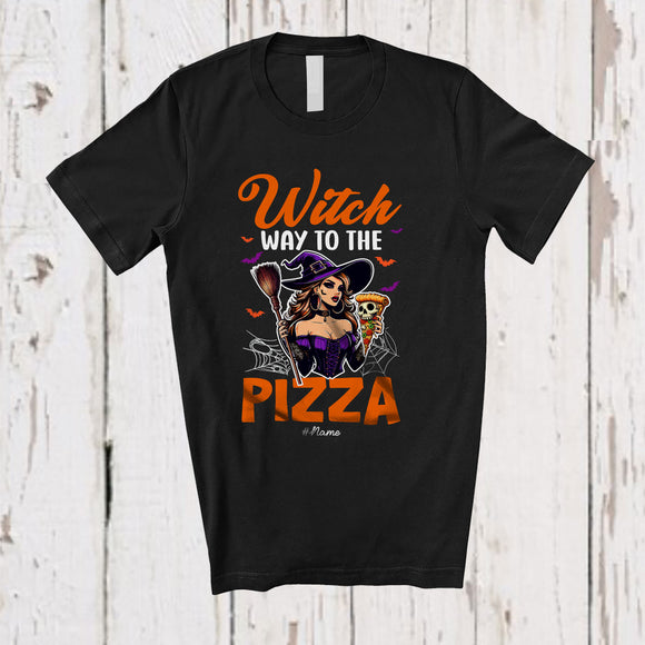 MacnyStore - Personalized Custom Name Witch Way To The Pizza; Scary Halloween Witch Eating Food; Family T-Shirt