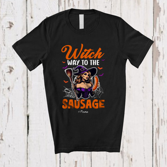 MacnyStore - Personalized Custom Name Witch Way To The Sausage; Scary Halloween Witch Eating Food; Family T-Shirt