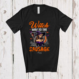 MacnyStore - Personalized Custom Name Witch Way To The Sausage; Scary Halloween Witch Eating Food; Family T-Shirt