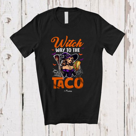 MacnyStore - Personalized Custom Name Witch Way To The Taco; Scary Halloween Witch Eating Food; Family T-Shirt