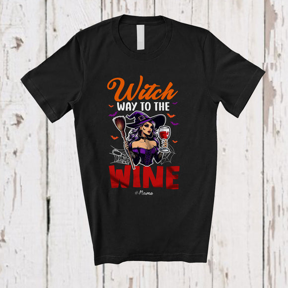 MacnyStore - Personalized Custom Name Witch Way To The Wine; Scary Halloween Witch Drinking Drunker; Family T-Shirt