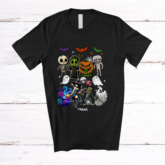 MacnyStore - Personalized Custom Name Witch Zombies Skeleton Pumpkin Collection; Creepy Halloween Family T-Shirt