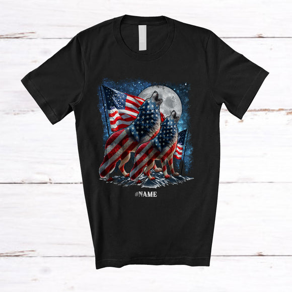 MacnyStore - Personalized Custom Name Wolf US Flag; Amazing 4th of July Howling Wolves Moon; Patriotic T-Shirt