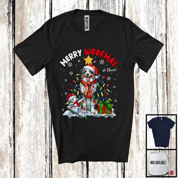 MacnyStore - Personalized Custom Name Woofmas; Lovely Christmas Lights Santa Australian Shepherd; Snowman T-Shirt