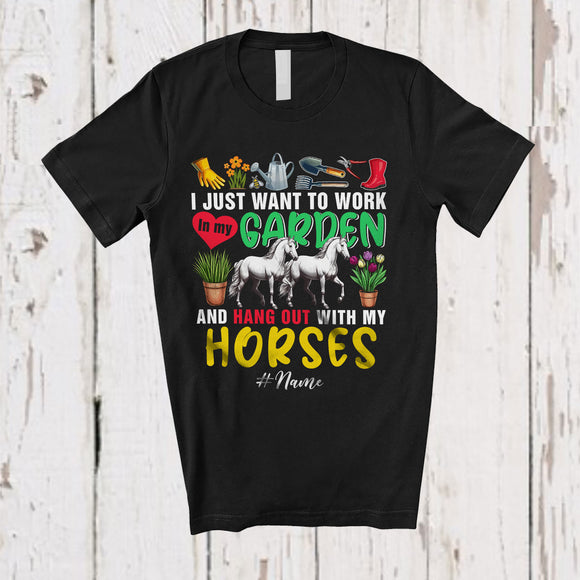 MacnyStore - Personalized Custom Name Work In My Garden Hang Out With My Horses; Lovely Gardening Farmer T-Shirt