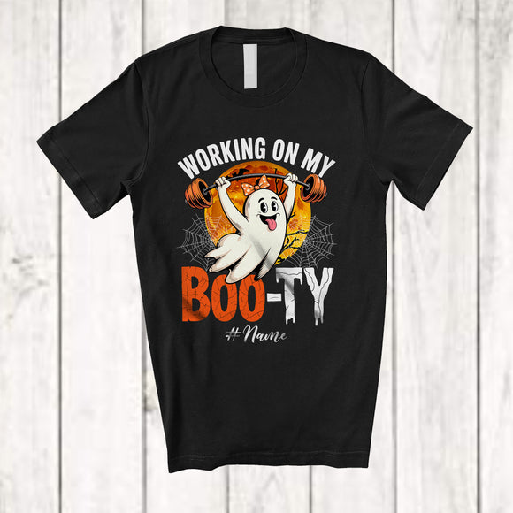 MacnyStore - Personalized Custom Name Working On My Boo ty; Amusing Halloween Moon Ghost Gym Fitness T-Shirt