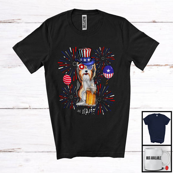 MacnyStore - Personalized Custom Name Yorkshire Terrier Drinking Beer, Lovely 4th Of July Fireworks, Patriotic T-Shirt
