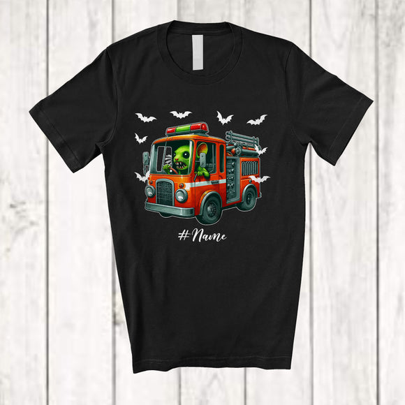 MacnyStore - Personalized Custom Name Zombies Rat On Fire Truck; Horror Halloween Fire Truck Driving Driver T-Shirt