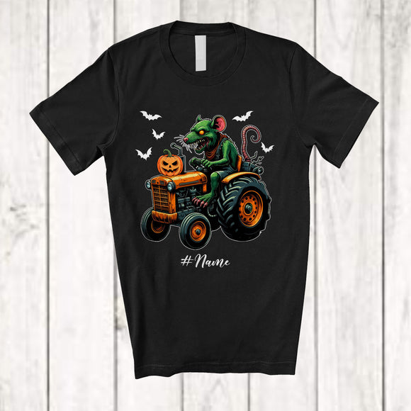 MacnyStore - Personalized Custom Name Zombies Rat On Tractor; Horror Halloween Tractor Farmer Driving Driver T-Shirt
