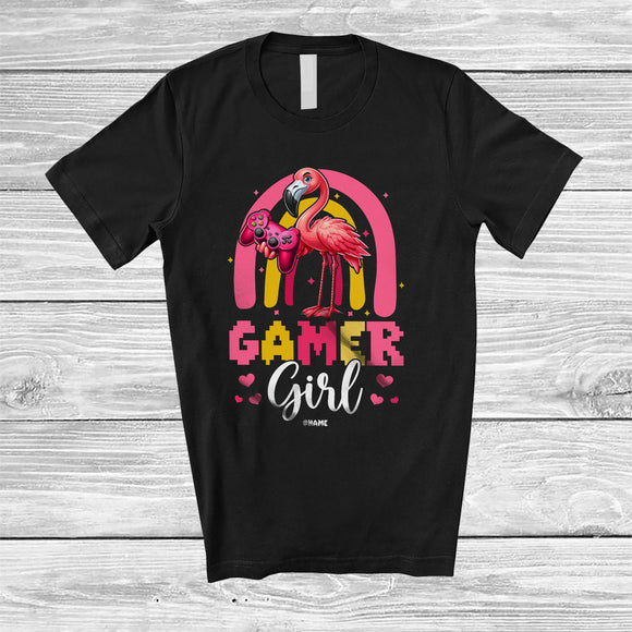 MacnyStore - Personalized Custom name Gamer Girl; Adorable Flamingo Playing Video Games Gaming; Family T-Shirt